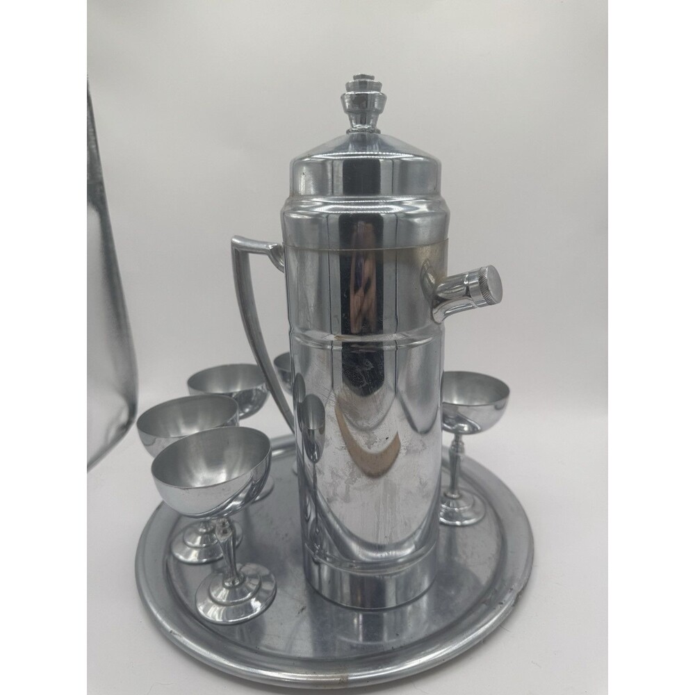 Art Deco Chrome Silver Cocktail Set With 6 Cups And Tray Ice Hot Carafe